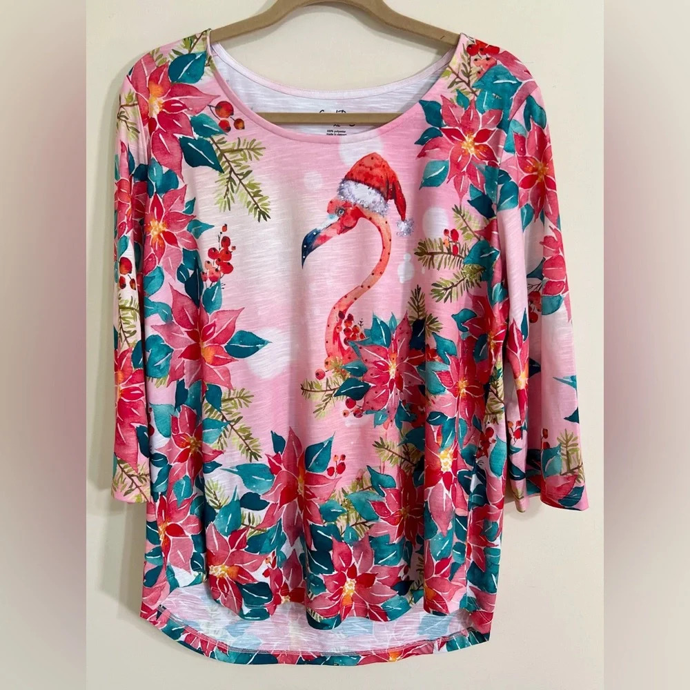 CORAL BAY Tropical Christmas Flamingo Bedazzled Blouse Coastal Grandma Size XL